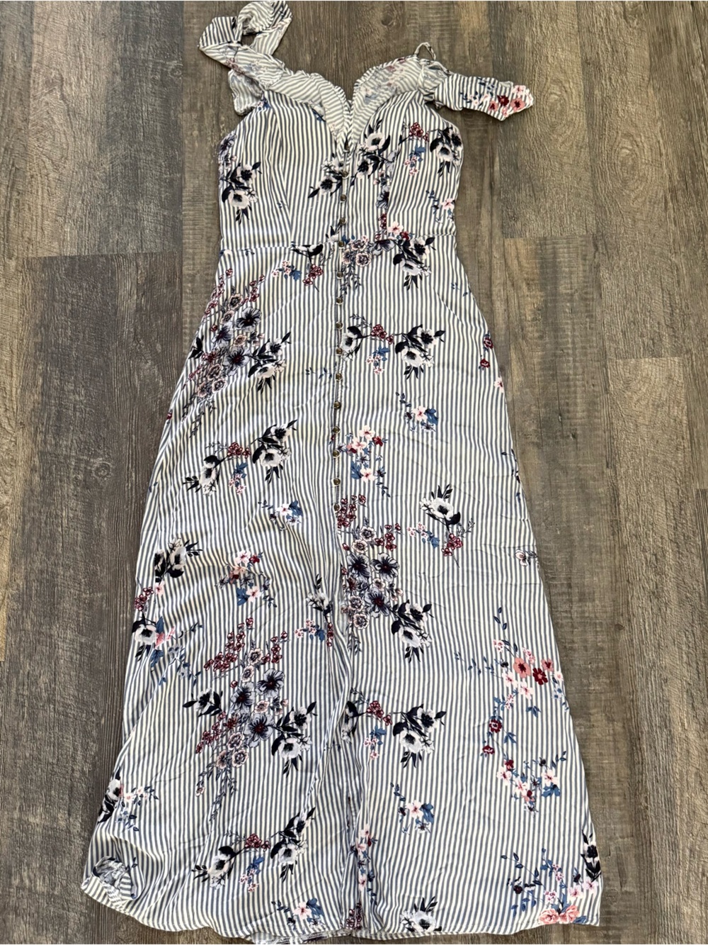 Maurices White and Navy Striped Maxi Dress with Floral Print